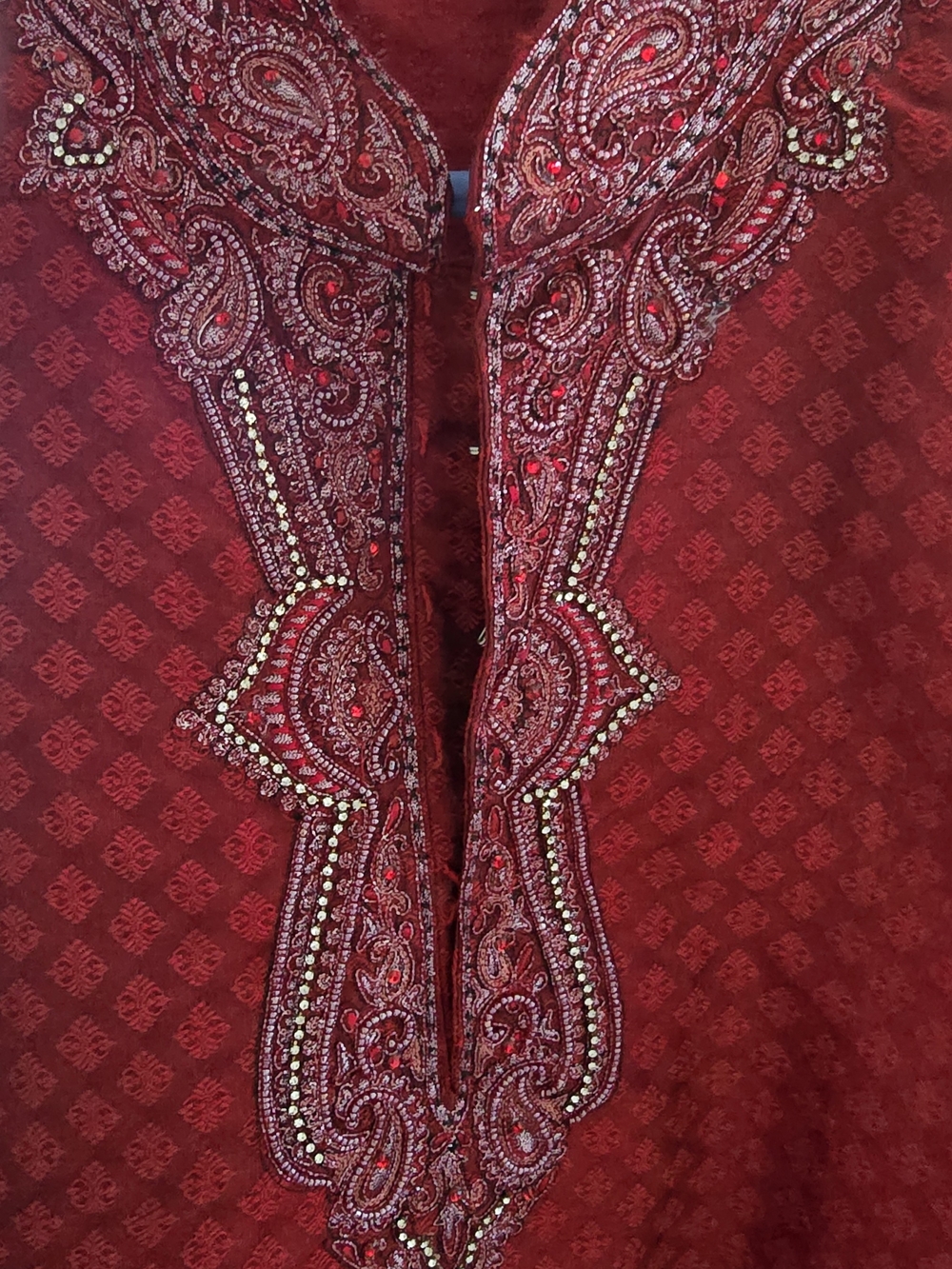 Mens Kurta Set Embellished Red 2 Pc